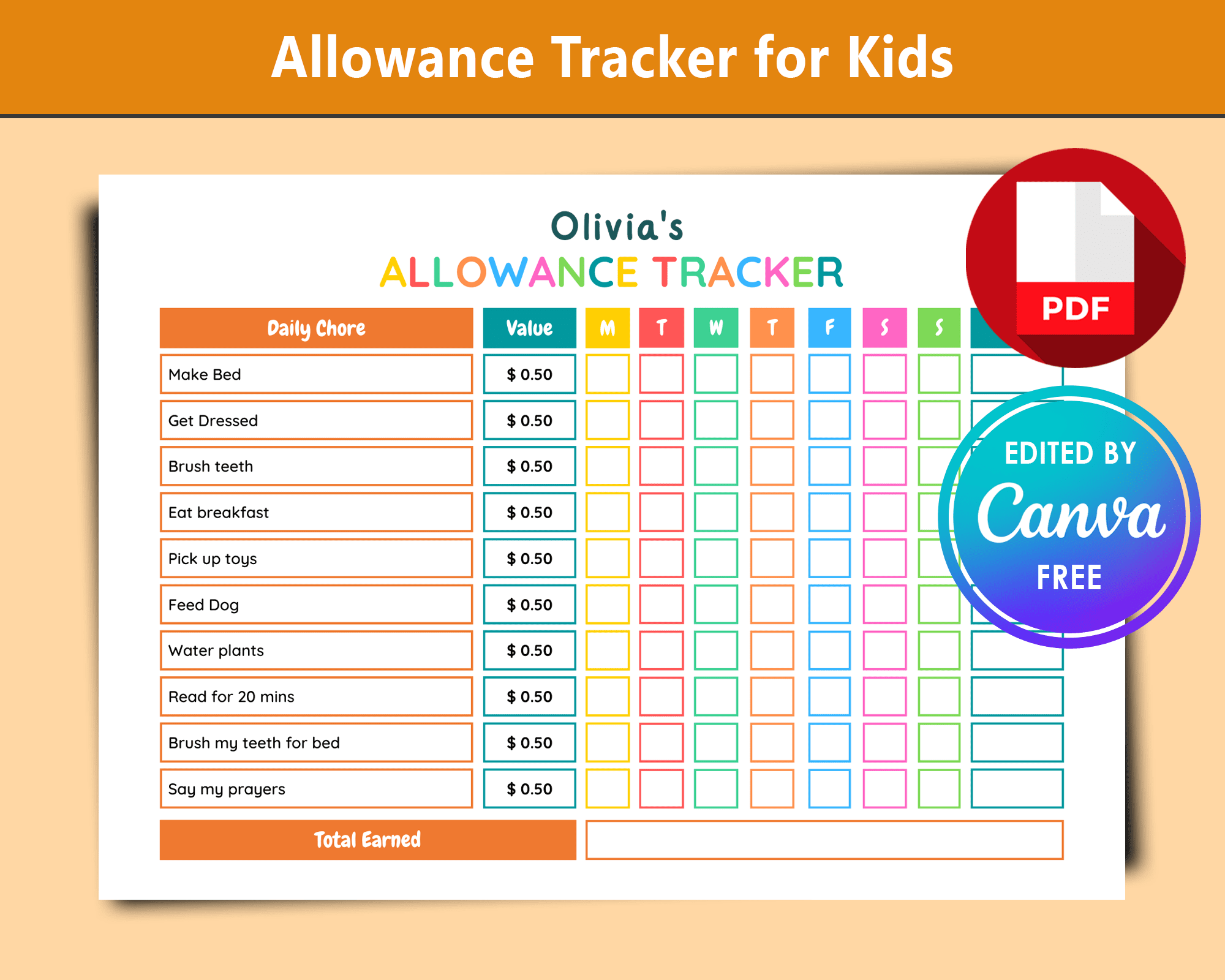 Allowance tracker for kids editable template printable pdf amwa